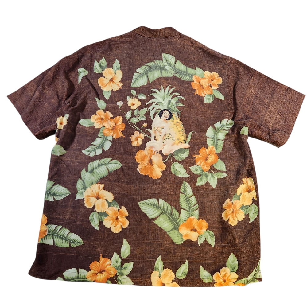 Tommy Bahama Silk Hawaiian Shirt XL Brown Pineapple Hibiscus Hula Girl Pinup